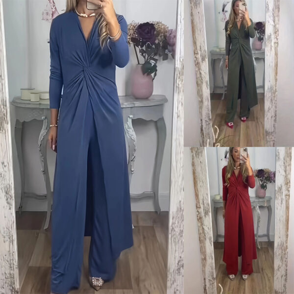 Solid Color Split Dress And Pants Two-piece Set
