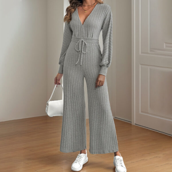 V-neck Lace-up Batwing Sleeve Solid Color Wide Leg Jumpsuit