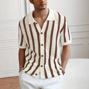 Men's Summer Hollow-Out Vertical-Stripe Lapel Sweater Knit Top